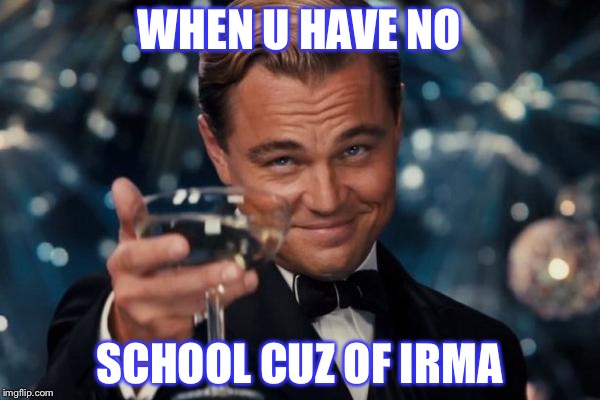Leonardo Dicaprio Cheers | WHEN U HAVE NO; SCHOOL CUZ OF IRMA | image tagged in memes,leonardo dicaprio cheers | made w/ Imgflip meme maker