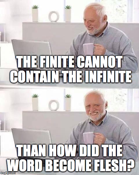 Hide the Pain Harold Meme | THE FINITE CANNOT CONTAIN THE INFINITE; THAN HOW DID THE WORD BECOME FLESH? | image tagged in memes,hide the pain harold | made w/ Imgflip meme maker