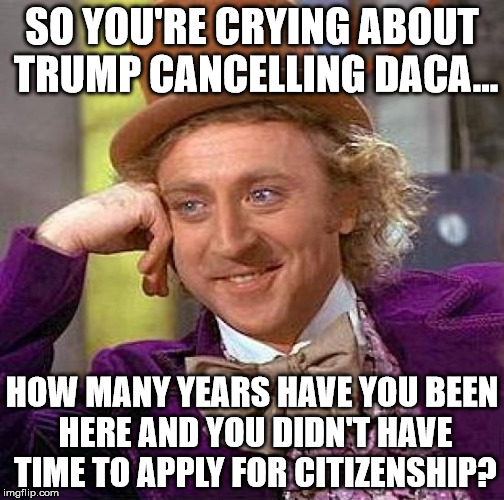 Creepy Condescending Wonka Meme | SO YOU'RE CRYING ABOUT TRUMP CANCELLING DACA... HOW MANY YEARS HAVE YOU BEEN HERE AND YOU DIDN'T HAVE TIME TO APPLY FOR CITIZENSHIP? | image tagged in memes,creepy condescending wonka | made w/ Imgflip meme maker