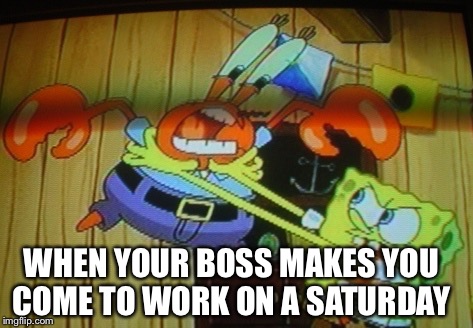 Sponge Bob Loses It. | WHEN YOUR BOSS MAKES YOU COME TO WORK ON A SATURDAY | image tagged in sponge bob loses it | made w/ Imgflip meme maker