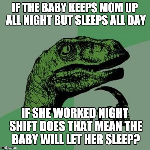 Philosoraptor | IF THE BABY KEEPS MOM UP ALL NIGHT BUT SLEEPS ALL DAY; IF SHE WORKED NIGHT SHIFT DOES THAT MEAN THE BABY WILL LET HER SLEEP? | image tagged in memes,philosoraptor | made w/ Imgflip meme maker