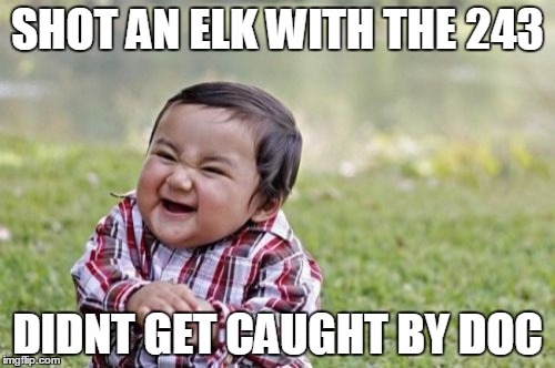Evil Toddler Meme | SHOT AN ELK WITH THE 243; DIDNT GET CAUGHT BY DOC | image tagged in memes,evil toddler | made w/ Imgflip meme maker