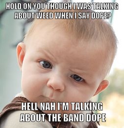 Skeptical Baby | HOLD ON YOU THOUGH I WAS TALKING ABOUT WEED WHEN I SAY DOPE? HELL NAH I'M TALKING ABOUT THE BAND DOPE | image tagged in memes,skeptical baby | made w/ Imgflip meme maker