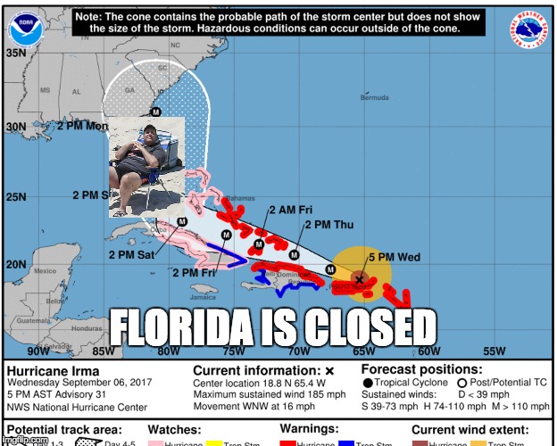 Chris Christie takes on Irma |  FLORIDA IS CLOSED | image tagged in hurricane irma,chris christie,florida,hurricane | made w/ Imgflip meme maker