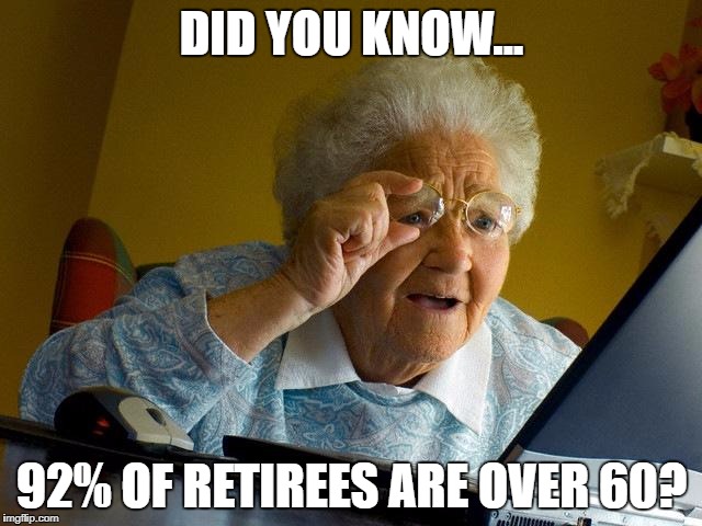 Grandma Finds The Internet | DID YOU KNOW... 92% OF RETIREES ARE OVER 60? | image tagged in memes,grandma finds the internet | made w/ Imgflip meme maker