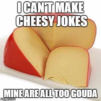 I CAN'T MAKE CHEESY JOKES; MINE ARE ALL TOO GOUDA | image tagged in bad joke eel | made w/ Imgflip meme maker