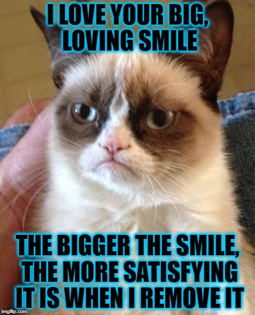 Grumpy Cat | I LOVE YOUR BIG, LOVING SMILE; THE BIGGER THE SMILE, THE MORE SATISFYING IT IS WHEN I REMOVE IT | image tagged in memes,grumpy cat | made w/ Imgflip meme maker
