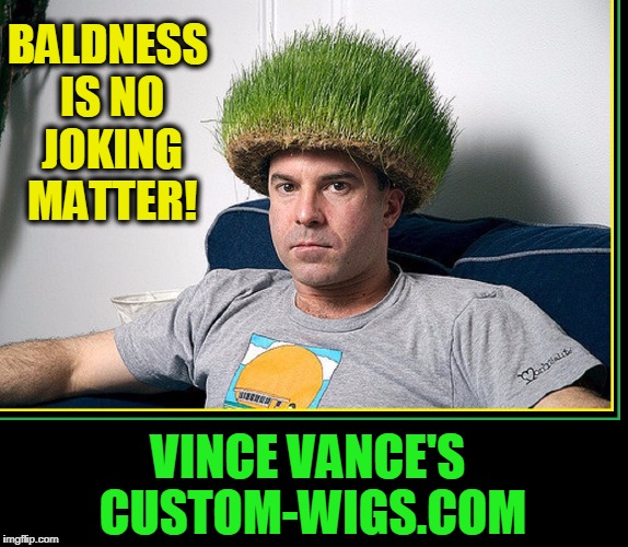 Rogaine® Vs. Miracle-Gro™ | BALDNESS IS NO JOKING MATTER! VINCE VANCE'S CUSTOM-WIGS.COM | image tagged in vince vance,baldness,grass wig,lawn locks,rogaine,weird wigs | made w/ Imgflip meme maker