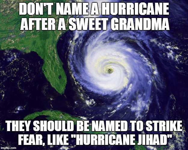 hurricane | DON'T NAME A HURRICANE AFTER A SWEET GRANDMA; THEY SHOULD BE NAMED TO STRIKE FEAR, LIKE "HURRICANE JIHAD" | image tagged in hurricane | made w/ Imgflip meme maker