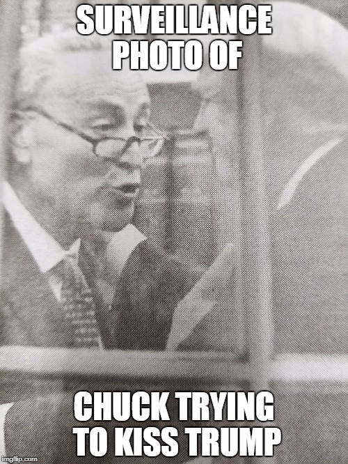 Chuck tries to kiss Trump | SURVEILLANCE PHOTO OF; CHUCK TRYING TO KISS TRUMP | image tagged in trump,chuck,chuck schumer | made w/ Imgflip meme maker