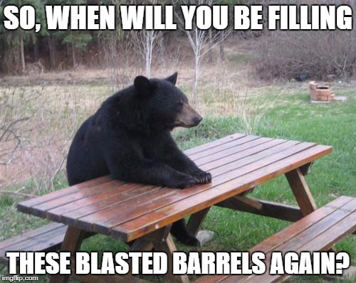 Bad Luck Bear Meme | SO, WHEN WILL YOU BE FILLING; THESE BLASTED BARRELS AGAIN? | image tagged in memes,bad luck bear | made w/ Imgflip meme maker