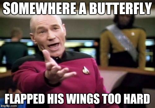 Picard Wtf Meme | SOMEWHERE A BUTTERFLY FLAPPED HIS WINGS TOO HARD | image tagged in memes,picard wtf | made w/ Imgflip meme maker