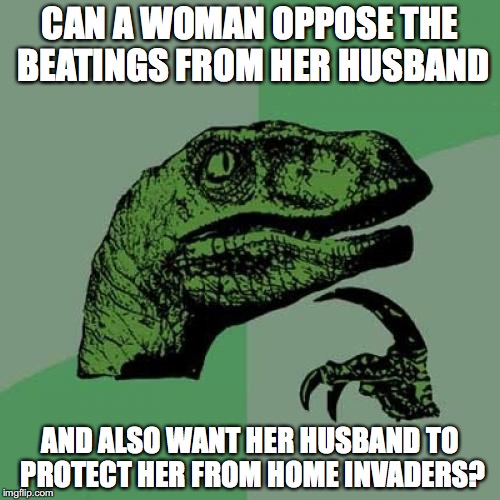 Philosoraptor Meme | CAN A WOMAN OPPOSE THE BEATINGS FROM HER HUSBAND; AND ALSO WANT HER HUSBAND TO PROTECT HER FROM HOME INVADERS? | image tagged in memes,philosoraptor | made w/ Imgflip meme maker