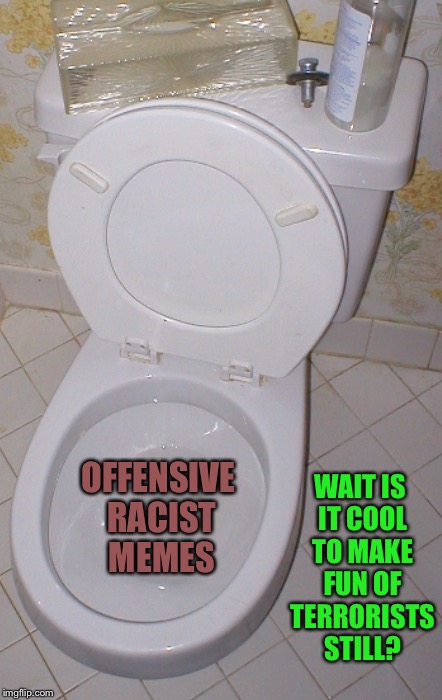 Toilet | OFFENSIVE RACIST MEMES WAIT IS IT COOL TO MAKE FUN OF TERRORISTS STILL? | image tagged in toilet | made w/ Imgflip meme maker