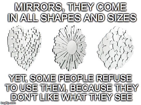 Some people need a good long look in the mirror | MIRRORS, THEY COME IN ALL SHAPES AND SIZES; YET, SOME PEOPLE REFUSE TO USE THEM, BECAUSE THEY DON'T LIKE WHAT THEY SEE | image tagged in mirror | made w/ Imgflip meme maker