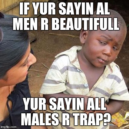Third World Skeptical Kid Meme | IF YUR SAYIN AL MEN R BEAUTIFULL; YUR SAYIN ALL MALES R TRAP? | image tagged in memes,third world skeptical kid | made w/ Imgflip meme maker