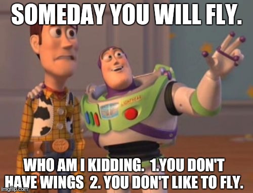 X, X Everywhere Meme | SOMEDAY YOU WILL FLY. WHO AM I KIDDING.
 1.YOU DON'T HAVE WINGS 
2. YOU DON'T LIKE TO FLY. | image tagged in memes,x x everywhere | made w/ Imgflip meme maker