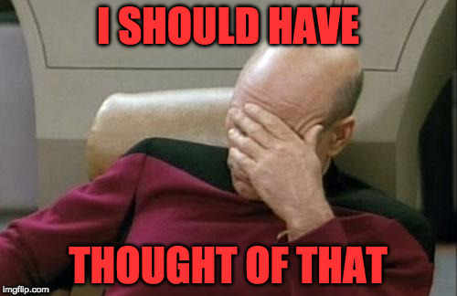 Captain Picard Facepalm Meme | I SHOULD HAVE THOUGHT OF THAT | image tagged in memes,captain picard facepalm | made w/ Imgflip meme maker