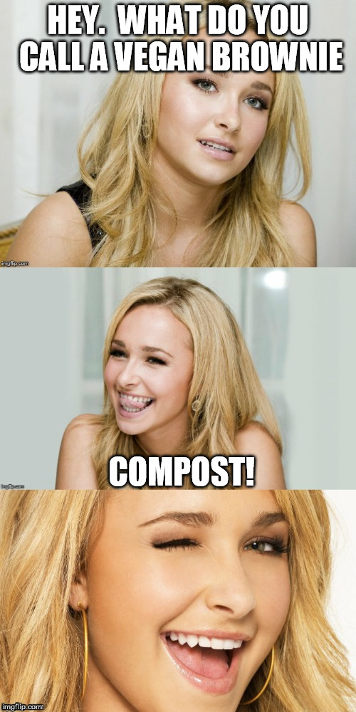 You don't have to crap it out because it's already crap. | HEY.  WHAT DO YOU CALL A VEGAN BROWNIE; COMPOST! | image tagged in bad pun hayden panettiere,vegans | made w/ Imgflip meme maker