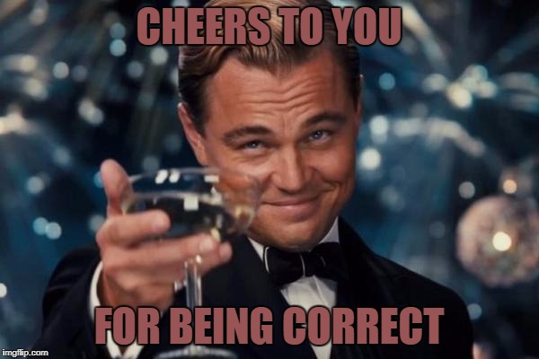 Leonardo Dicaprio Cheers Meme | CHEERS TO YOU FOR BEING CORRECT | image tagged in memes,leonardo dicaprio cheers | made w/ Imgflip meme maker