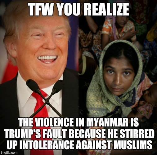Trump Hasn't Just Destroyed Our Country - He's Destroyed Our World | TFW YOU REALIZE; THE VIOLENCE IN MYANMAR IS TRUMP'S FAULT BECAUSE HE STIRRED UP INTOLERANCE AGAINST MUSLIMS | image tagged in politics,political,donald trump,myanmar | made w/ Imgflip meme maker