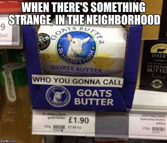 Lets go butter some goats | WHEN THERE'S SOMETHING STRANGE, IN THE NEIGHBORHOOD | image tagged in ghostbusters,memes | made w/ Imgflip meme maker