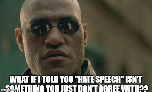 Matrix Morpheus Meme | WHAT IF I TOLD YOU "HATE SPEECH" ISN'T SOMETHING YOU JUST DON'T AGREE WITH?? | image tagged in memes,matrix morpheus | made w/ Imgflip meme maker