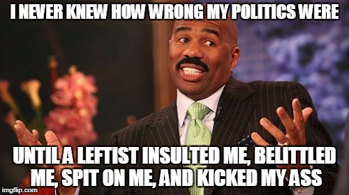 How Leftists Win You Over | I NEVER KNEW HOW WRONG MY POLITICS WERE; UNTIL A LEFTIST INSULTED ME, BELITTLED ME, SPIT ON ME, AND KICKED MY ASS | image tagged in memes,steve harvey | made w/ Imgflip meme maker