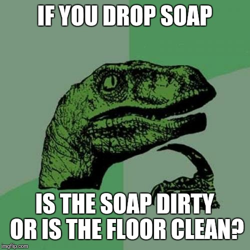 Life's greatest questions | IF YOU DROP SOAP; IS THE SOAP DIRTY OR IS THE FLOOR CLEAN? | image tagged in philosoraptor,dank memes,sir_unknown,funny | made w/ Imgflip meme maker
