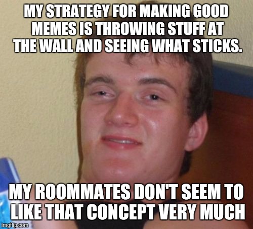 At least now the wall looks nice... | MY STRATEGY FOR MAKING GOOD MEMES IS THROWING STUFF AT THE WALL AND SEEING WHAT STICKS. MY ROOMMATES DON'T SEEM TO LIKE THAT CONCEPT VERY MUCH | image tagged in memes,10 guy | made w/ Imgflip meme maker