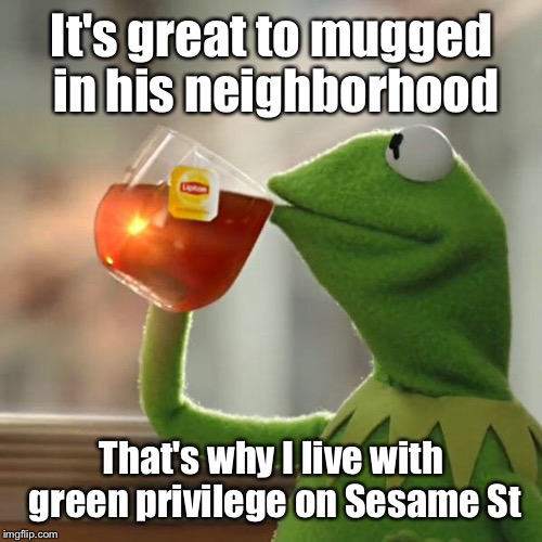 But That's None Of My Business Meme | It's great to mugged in his neighborhood That's why I live with green privilege on Sesame St | image tagged in memes,but thats none of my business,kermit the frog | made w/ Imgflip meme maker