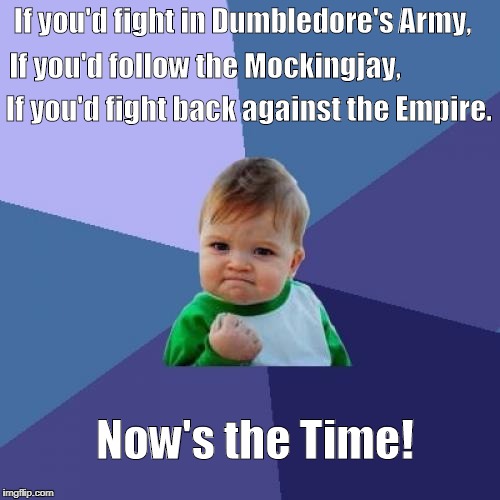 Success Kid | If you'd fight in Dumbledore's Army, If you'd follow the Mockingjay, If you'd fight back against the Empire. Now's the Time! | image tagged in memes,success kid | made w/ Imgflip meme maker