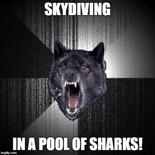 Insanity Wolf Meme | SKYDIVING; IN A POOL OF SHARKS! | image tagged in memes,insanity wolf | made w/ Imgflip meme maker