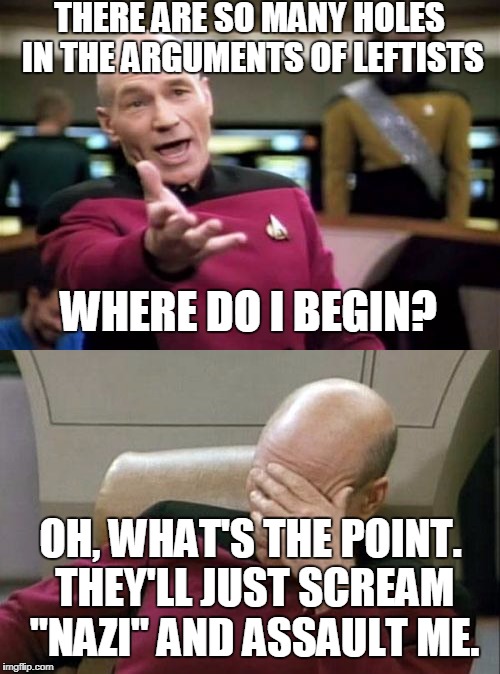 What Happens When Politics Runs Off Pure, Raw, Emotion | THERE ARE SO MANY HOLES IN THE ARGUMENTS OF LEFTISTS; WHERE DO I BEGIN? OH, WHAT'S THE POINT. THEY'LL JUST SCREAM "NAZI" AND ASSAULT ME. | image tagged in memes,captain picard facepalm,picard wtf,leftists | made w/ Imgflip meme maker