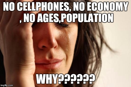 First World Problems | NO CELLPHONES, NO ECONOMY , NO AGES,POPULATION; WHY?????? | image tagged in memes,first world problems | made w/ Imgflip meme maker