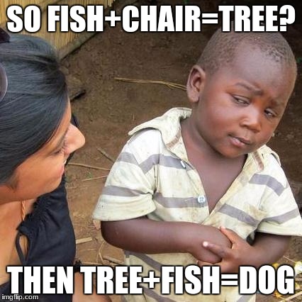 Third World Skeptical Kid Meme | SO FISH+CHAIR=TREE? THEN TREE+FISH=DOG | image tagged in memes,third world skeptical kid | made w/ Imgflip meme maker