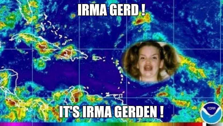Irma Gerd ! | IRMA GERD ! IT'S IRMA GERDEN ! | image tagged in irma gurdin,memes,hurricane irma,omg,storm | made w/ Imgflip meme maker