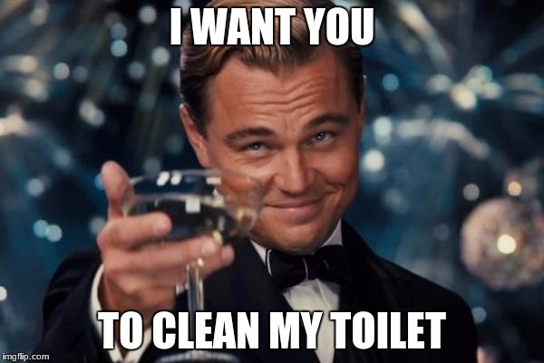 Leonardo Dicaprio Cheers | I WANT YOU; TO CLEAN MY TOILET | image tagged in memes,leonardo dicaprio cheers | made w/ Imgflip meme maker