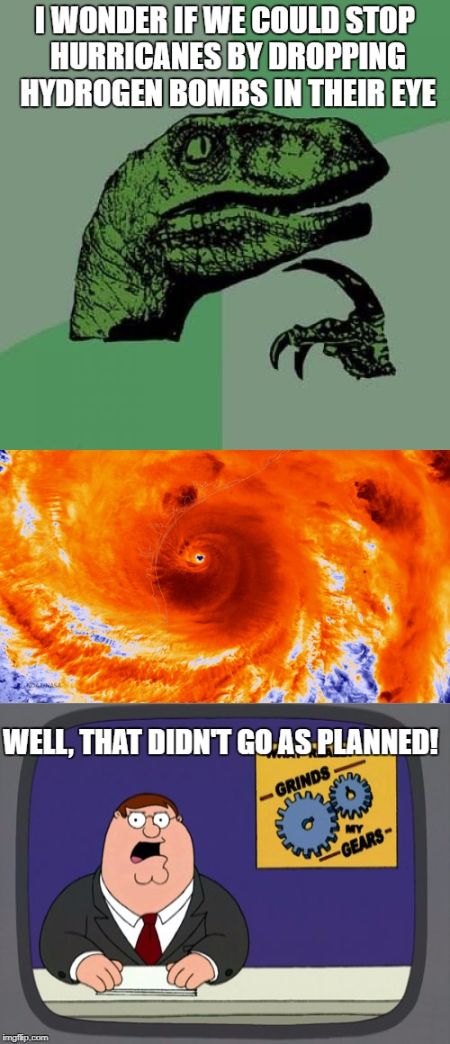 Philosoraptor  | I WONDER IF WE COULD STOP HURRICANES BY DROPPING HYDROGEN BOMBS IN THEIR EYE; WELL, THAT DIDN'T GO AS PLANNED! | image tagged in hurricane,philosoraptor | made w/ Imgflip meme maker