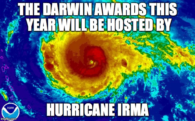 The Darwin Theory...helped by Hurricane Irma | THE DARWIN AWARDS THIS YEAR WILL BE HOSTED BY; HURRICANE IRMA | image tagged in hurricane irma,darwin award,meanwhile in florida | made w/ Imgflip meme maker