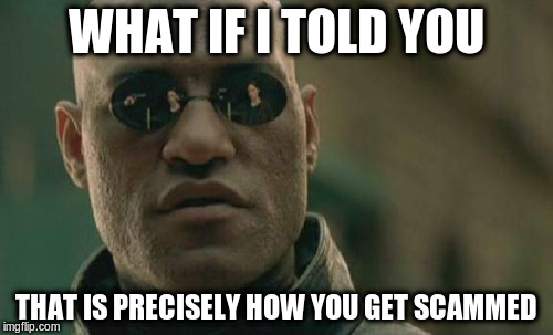 Matrix Morpheus Meme | WHAT IF I TOLD YOU THAT IS PRECISELY HOW YOU GET SCAMMED | image tagged in memes,matrix morpheus | made w/ Imgflip meme maker