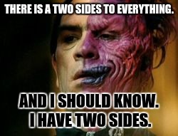 Two Face Knows | THERE IS A TWO SIDES TO EVERYTHING. AND I SHOULD KNOW. I HAVE TWO SIDES. | image tagged in two face knows | made w/ Imgflip meme maker