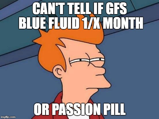 Futurama Fry Meme | CAN'T TELL IF GFS BLUE FLUID 1/X MONTH; OR PASSION PILL | image tagged in memes,futurama fry | made w/ Imgflip meme maker