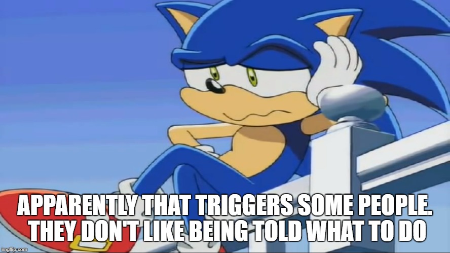 Impatient Sonic - Sonic X | APPARENTLY THAT TRIGGERS SOME PEOPLE. THEY DON'T LIKE BEING TOLD WHAT TO DO | image tagged in impatient sonic - sonic x | made w/ Imgflip meme maker