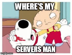 Stewie Where's My Money | WHERE'S MY; SERVERS MAN | image tagged in stewie where's my money | made w/ Imgflip meme maker