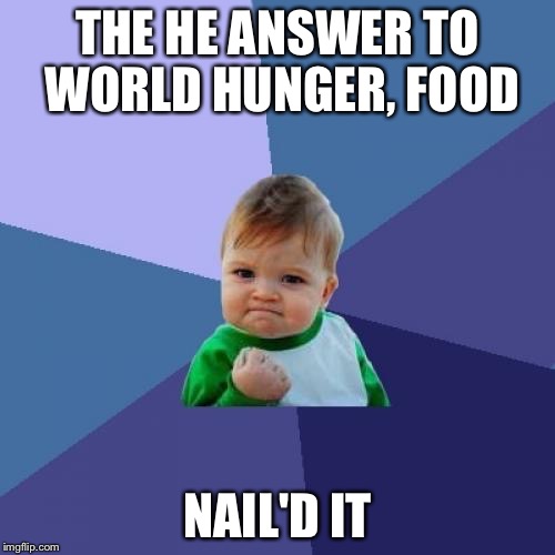 Success Kid | THE HE ANSWER TO WORLD HUNGER, FOOD; NAIL'D IT | image tagged in memes,success kid | made w/ Imgflip meme maker