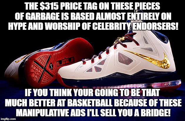 Advertisements sell hype | THE $315 PRICE TAG ON THESE PIECES OF GARBAGE IS BASED ALMOST ENTIRELY ON HYPE AND WORSHIP OF CELEBRITY ENDORSERS! IF YOU THINK YOUR GOING TO BE THAT MUCH BETTER AT BASKETBALL BECAUSE OF THESE MANIPULATIVE ADS I'LL SELL YOU A BRIDGE! | image tagged in celebrity,advertising,scam,sports | made w/ Imgflip meme maker