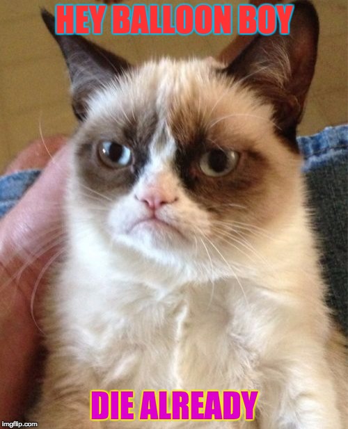 Grumpy Cat | HEY BALLOON BOY; DIE ALREADY | image tagged in memes,grumpy cat | made w/ Imgflip meme maker