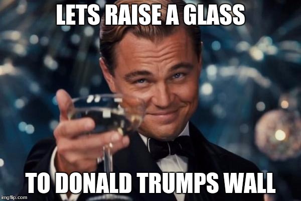 Leonardo Dicaprio Cheers | LETS RAISE A GLASS; TO DONALD TRUMPS WALL | image tagged in memes,leonardo dicaprio cheers | made w/ Imgflip meme maker