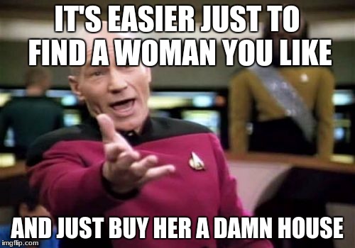 Picard Wtf Meme | IT'S EASIER JUST TO FIND A WOMAN YOU LIKE AND JUST BUY HER A DAMN HOUSE | image tagged in memes,picard wtf | made w/ Imgflip meme maker